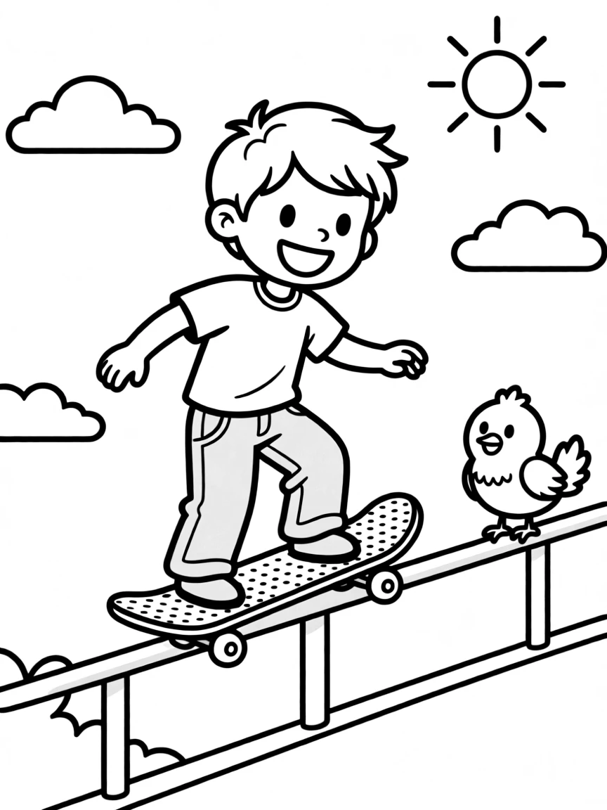 A cool skateboarder grinding on a rail, with a happy bird watching.