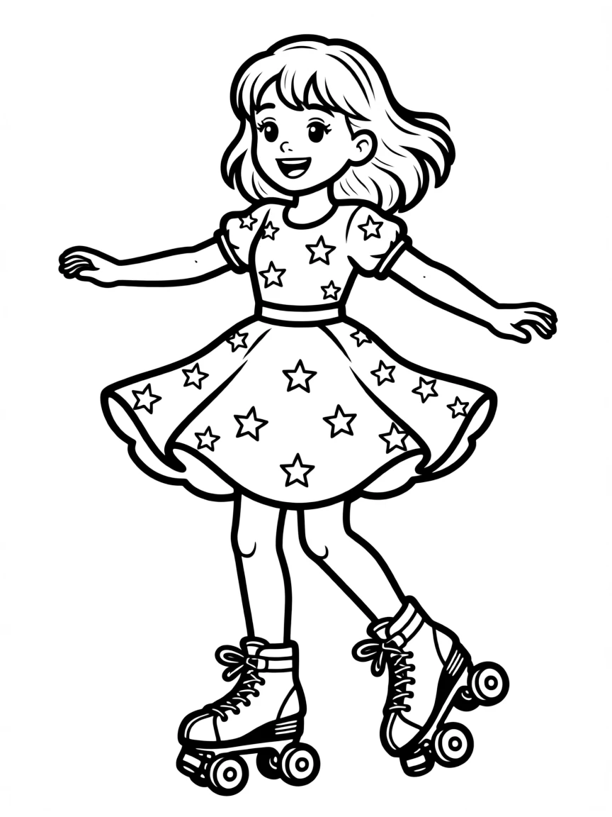 A fun roller skater twirling, wearing a sparkly outfit.