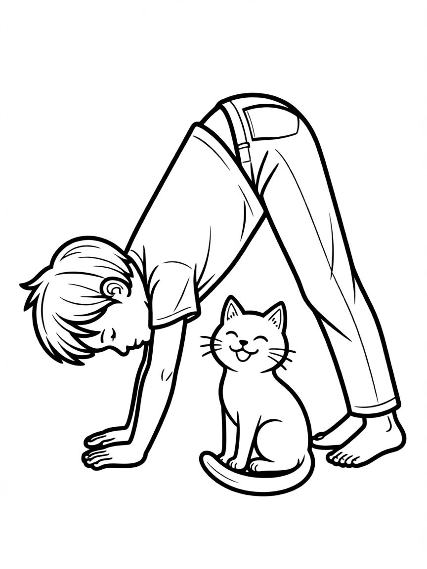 A peaceful yoga kid doing a downward dog pose, with a happy cat beside them.