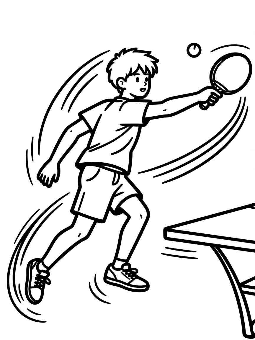 A quick table tennis player leaping to hit the ball, with speed lines.