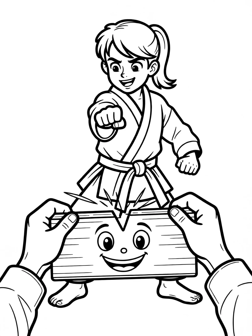 A karate kid breaking a very thin, happy board with a chop.