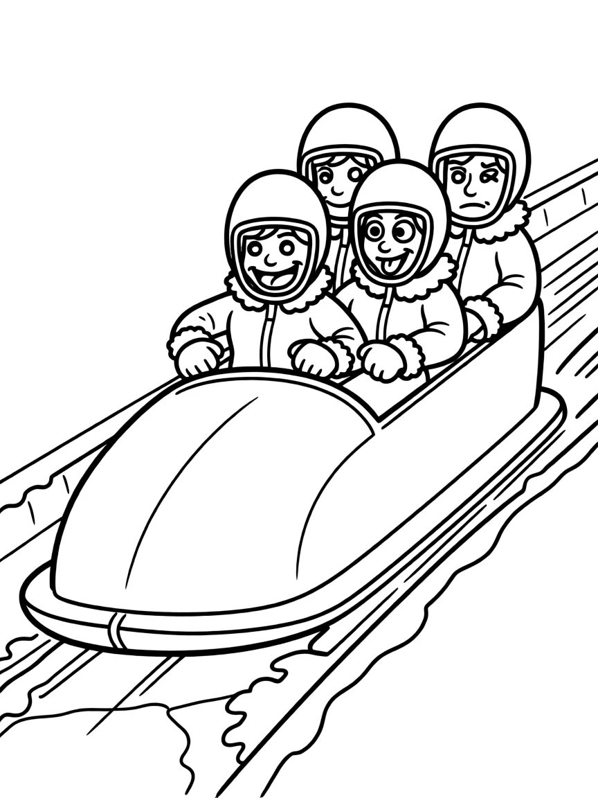 A silly bobsled team making funny faces as they zoom.