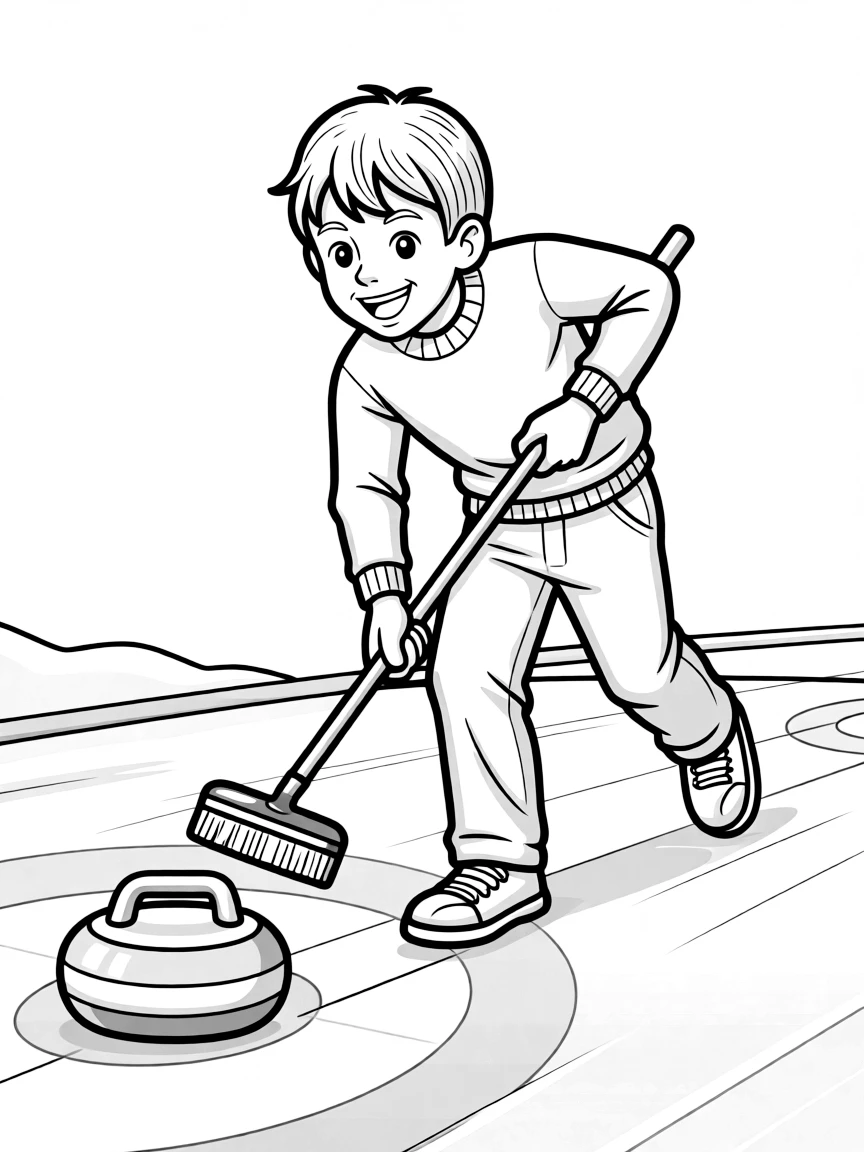 A happy curler sweeping the ice with enthusiasm.