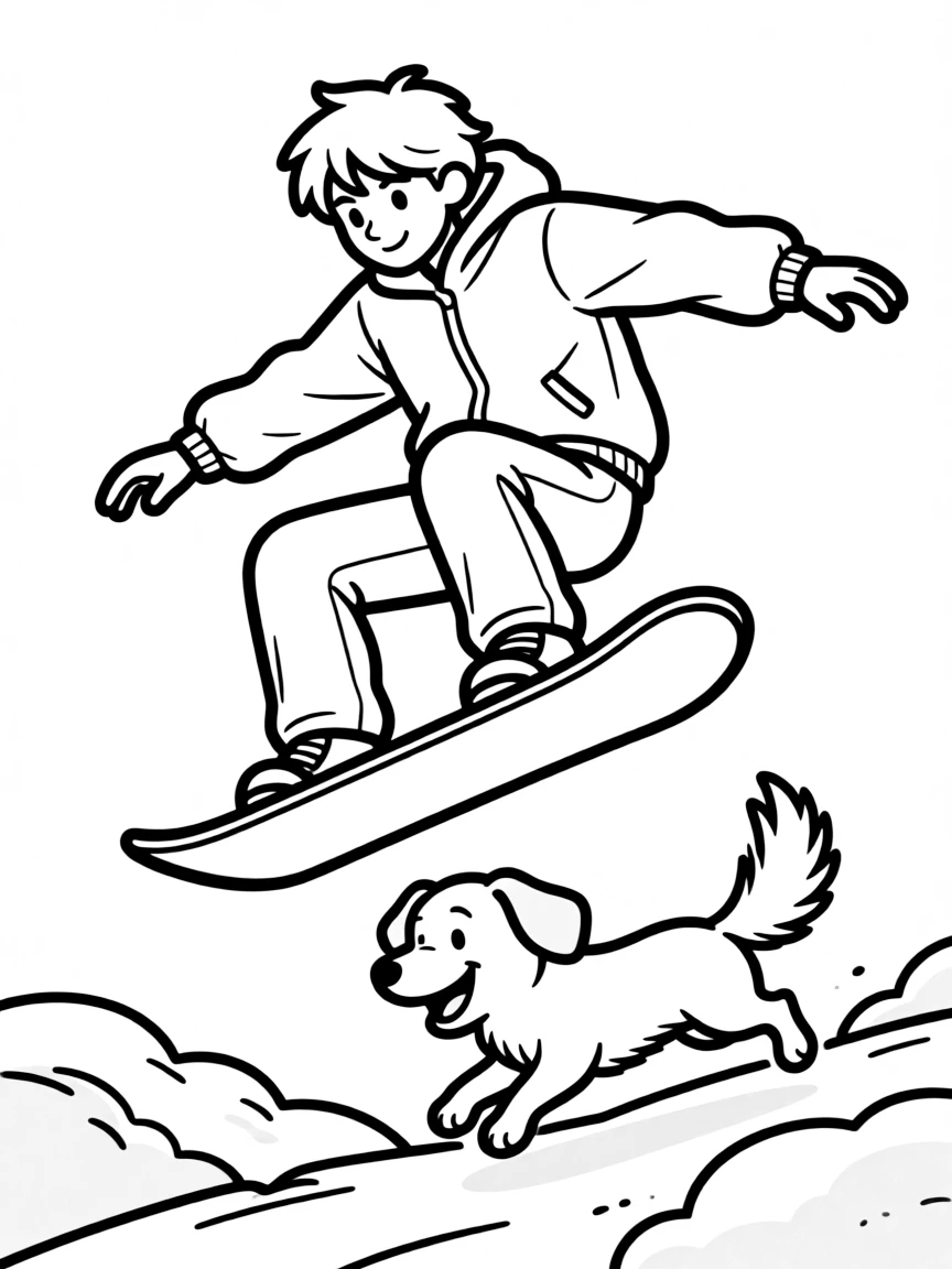 A cool snowboarder doing a small jump, with a happy dog chasing.