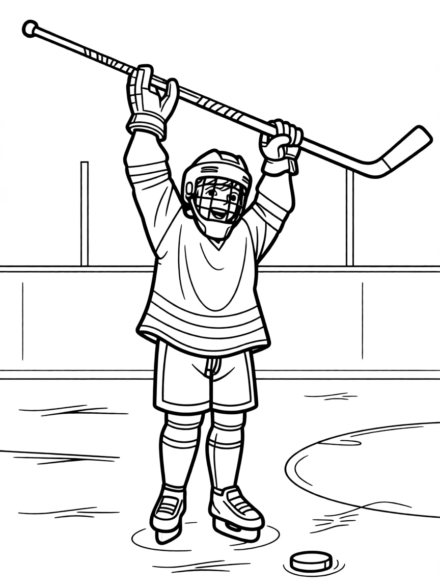A joyful hockey player celebrating a goal with their stick raised.