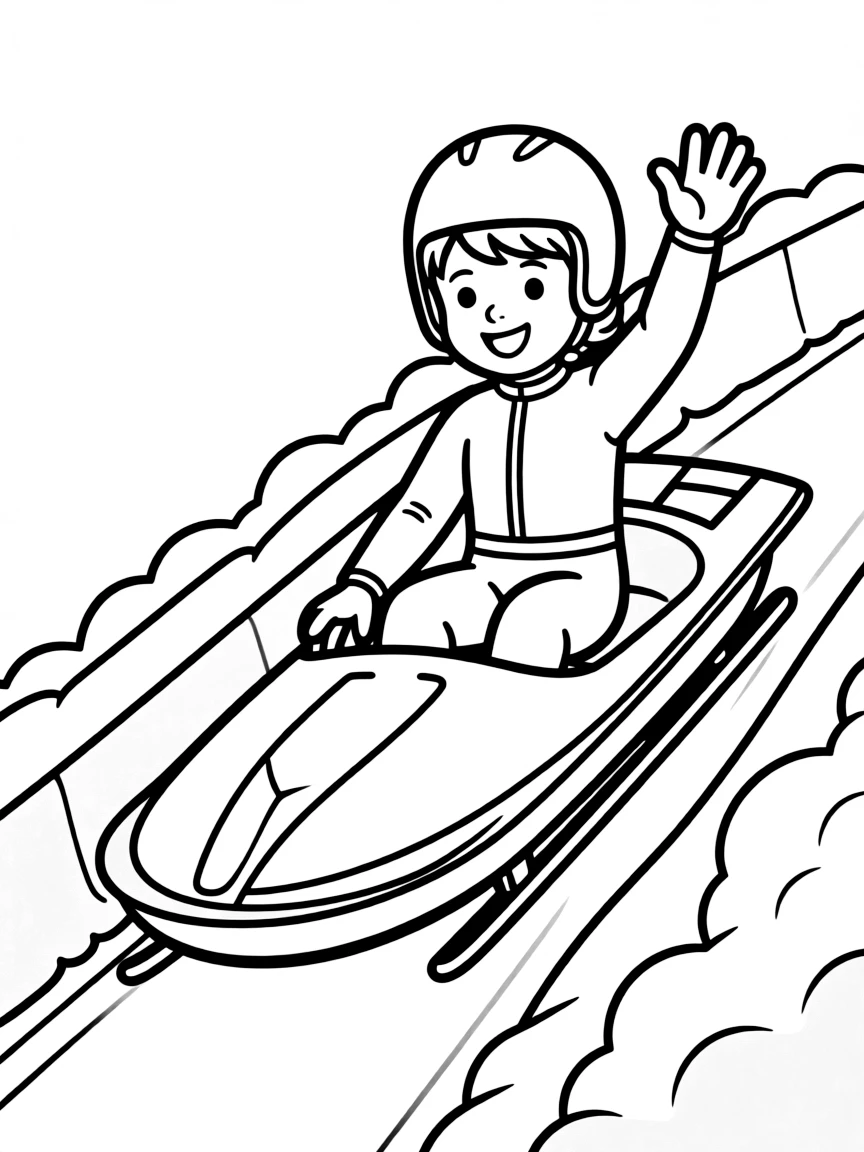 A little luge racer waving as they go down the track.