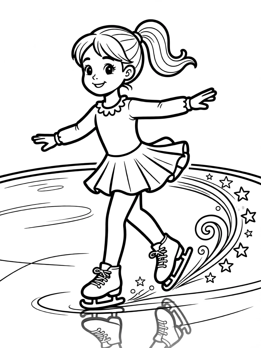A cute figure skater gliding backwards, leaving pretty patterns.