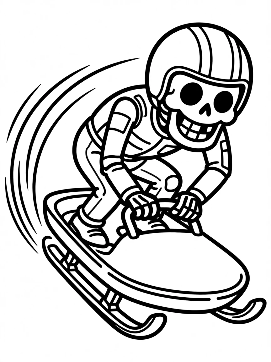 A happy skeleton racer with a big smile, going fast.