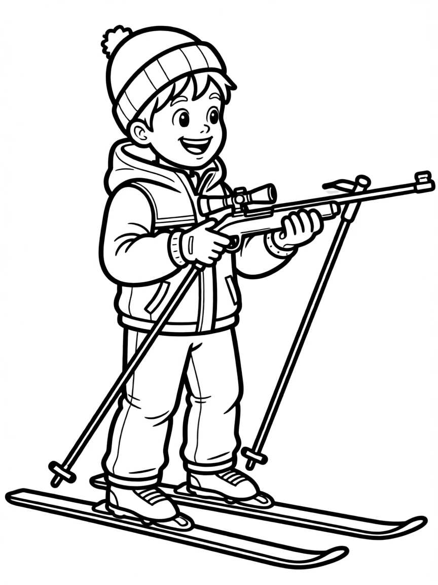 A cheerful biathlete reloading their tiny rifle with a happy expression.