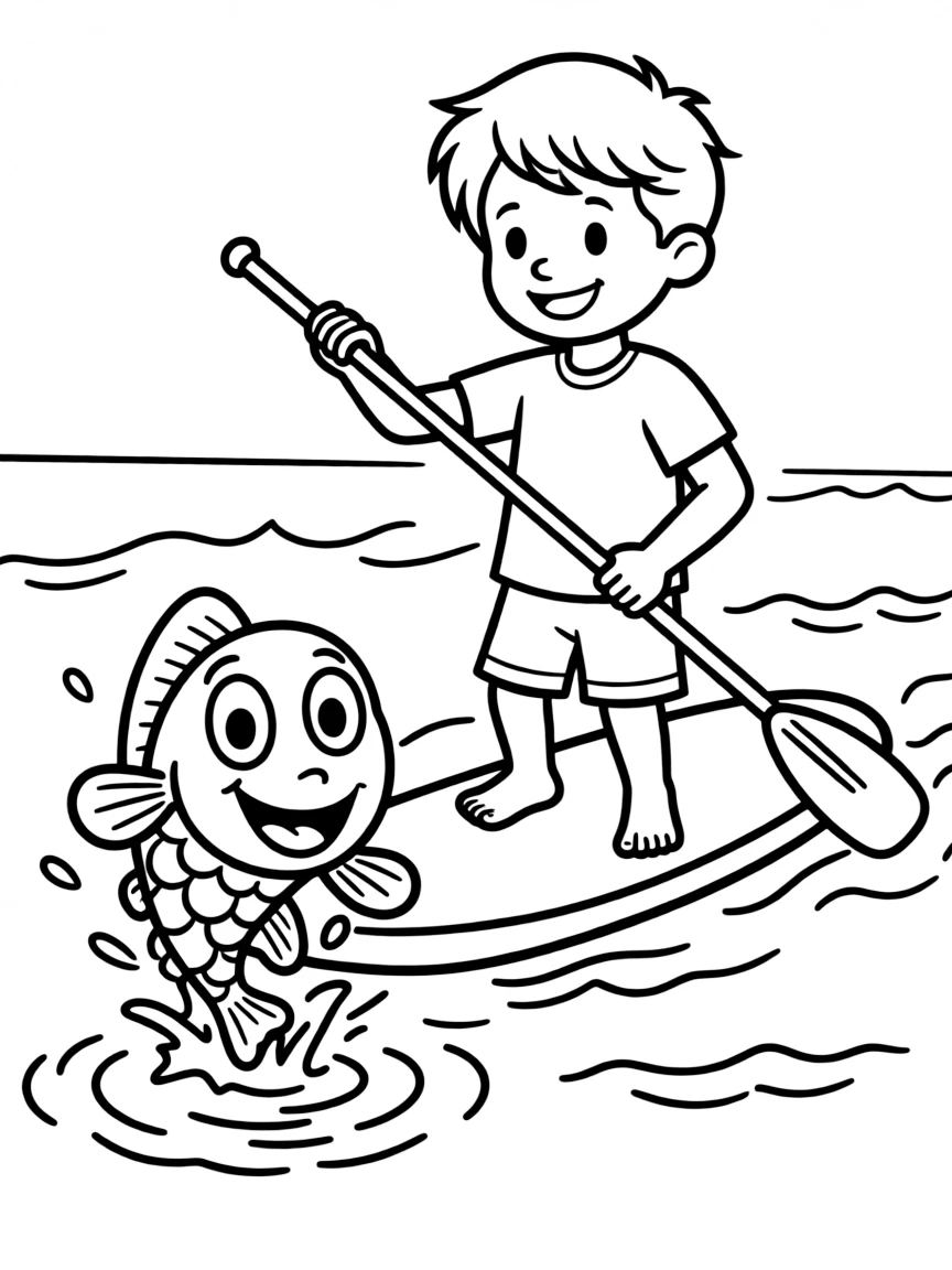 A friendly paddleboarder seeing a happy fish.