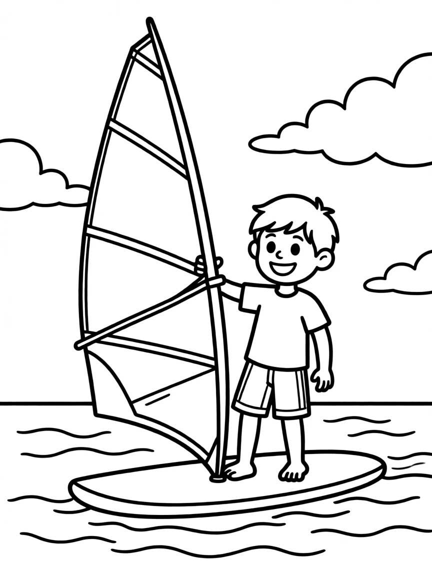 A cheerful windsurfer getting a gentle gust of wind.