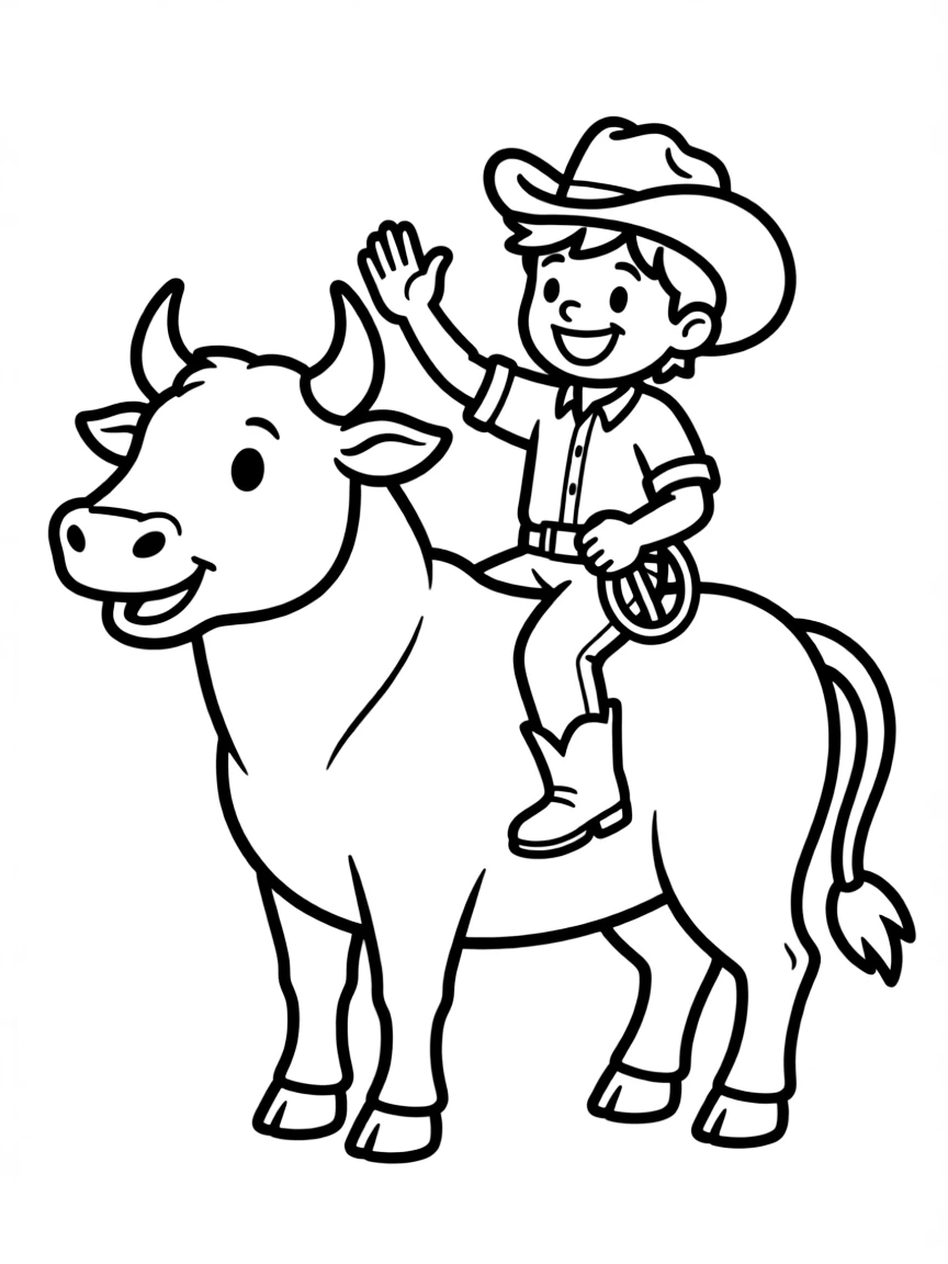 A cute bull rider (cartoon, gentle) giving the bull a high-five.