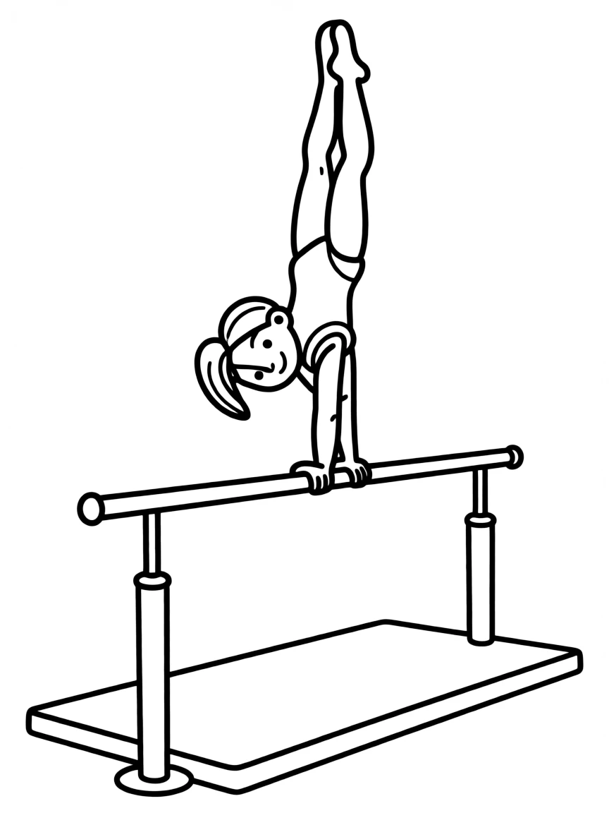 A little artistic gymnast walking on hands on parallel bars.