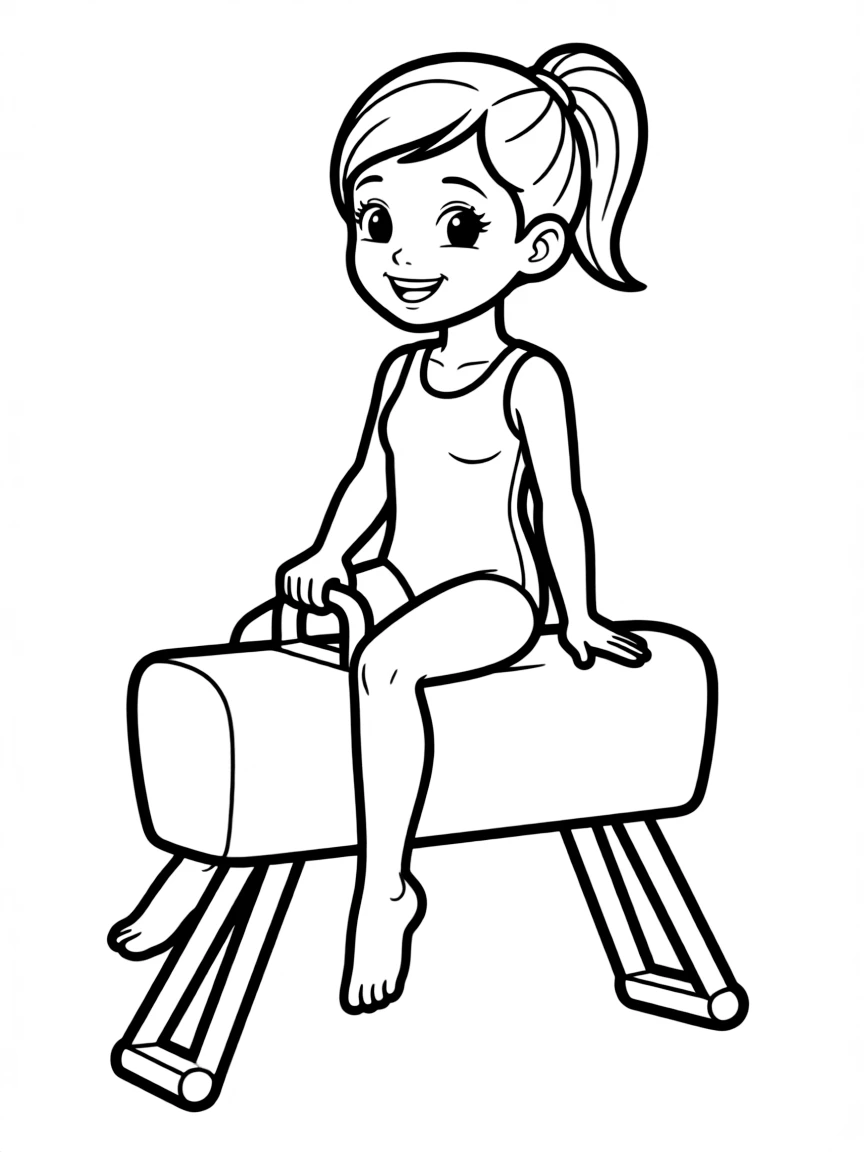A friendly artistic gymnast sitting on the pommel horse.