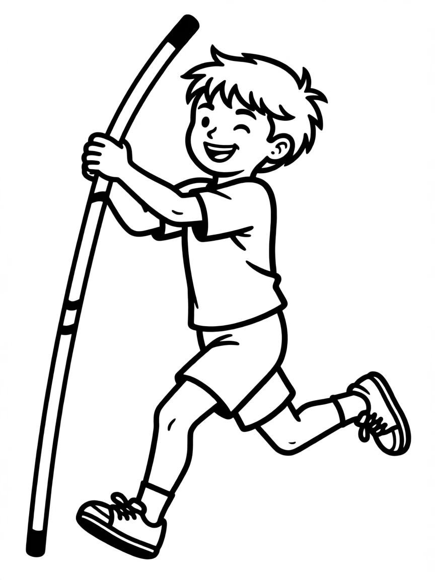 A happy pole vaulter running with the pole.