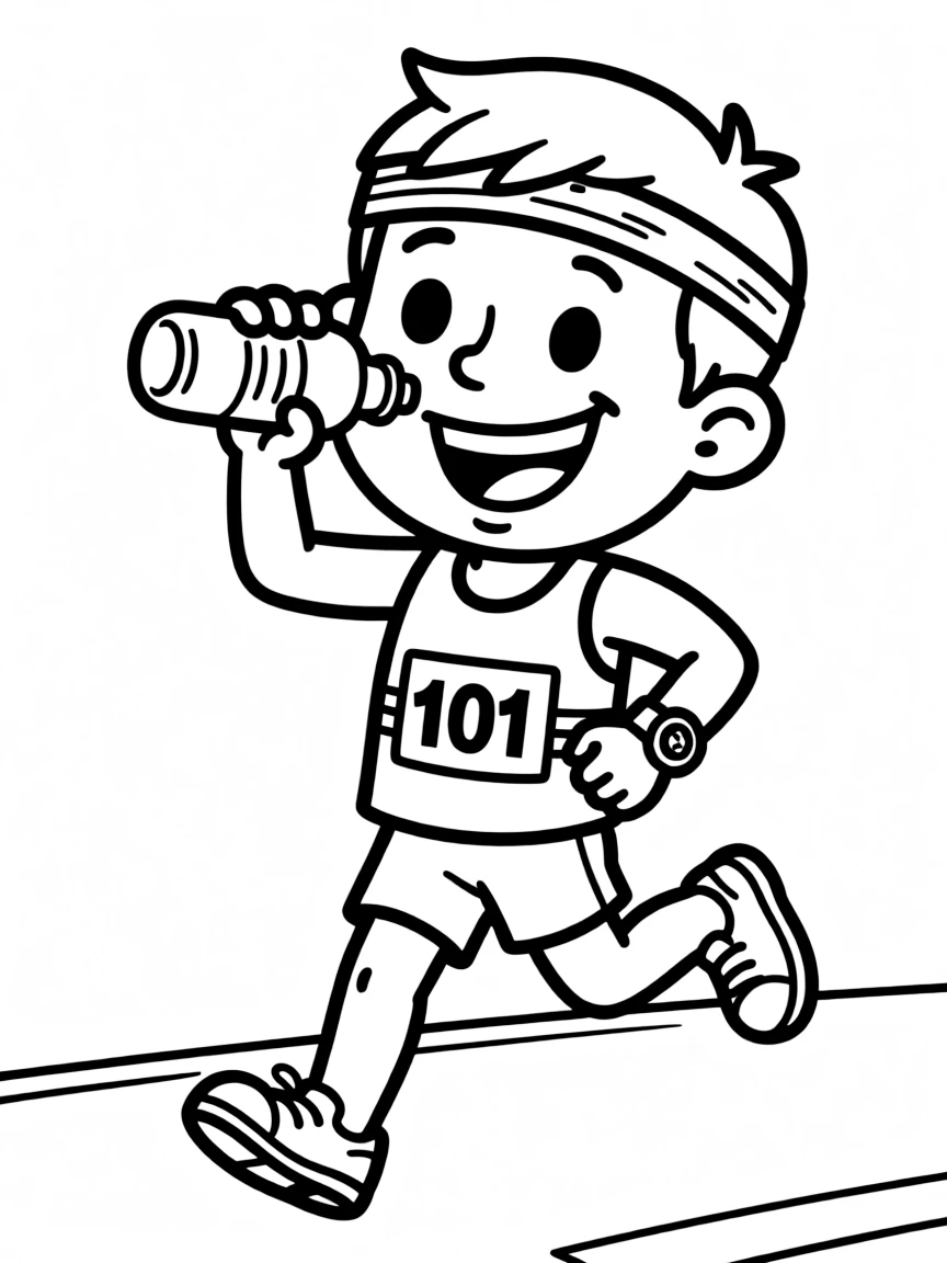 A happy marathon runner drinking water.