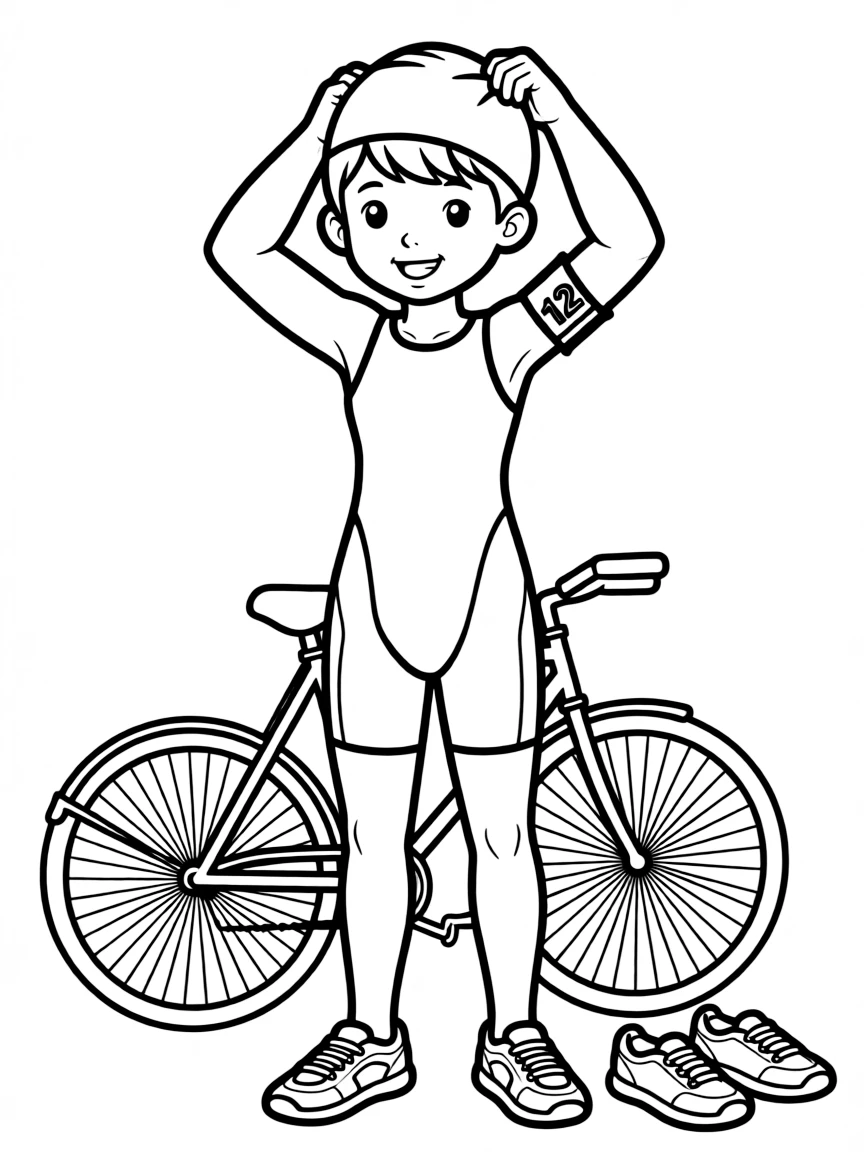 A cute triathlete putting on their swimming cap.