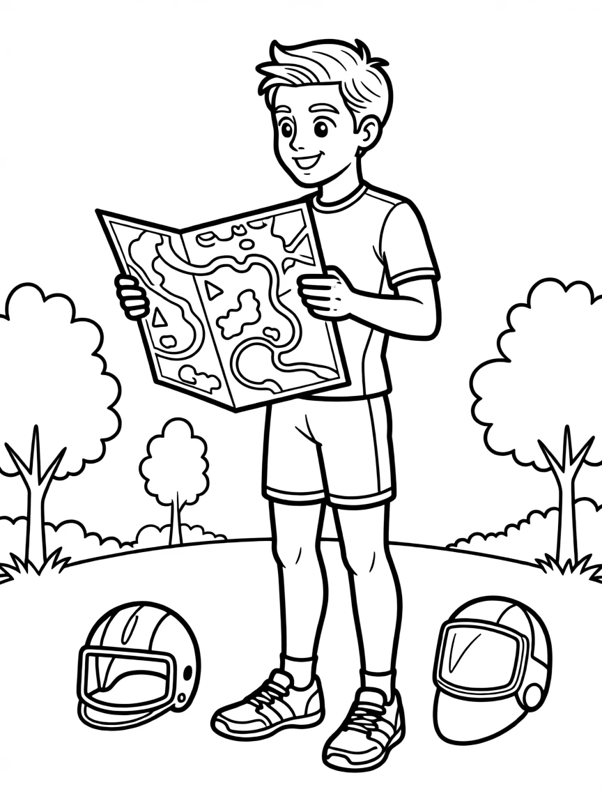 A happy modern pentathlete looking at a map.