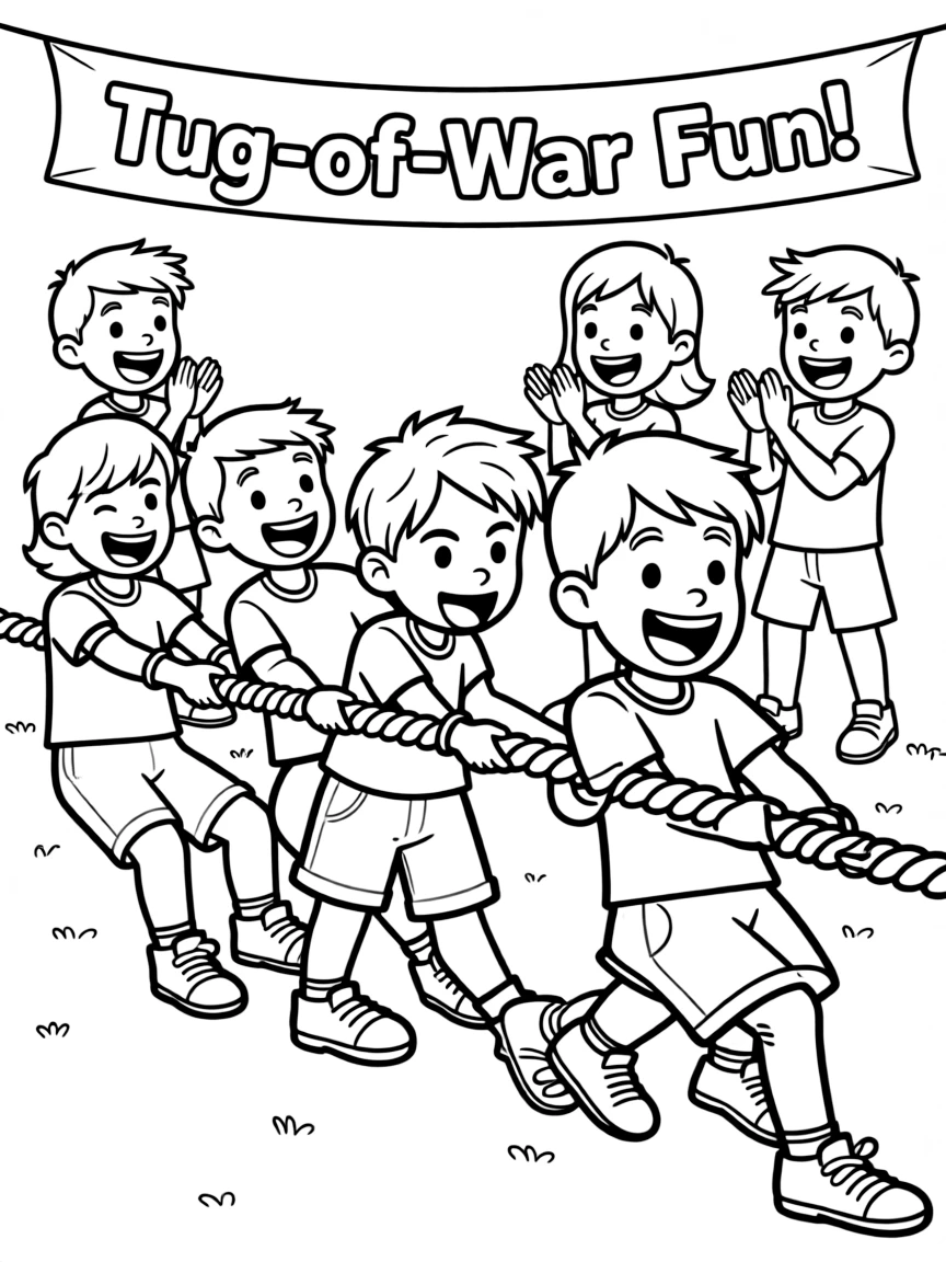 A happy tug-of-war team cheering each other on.
