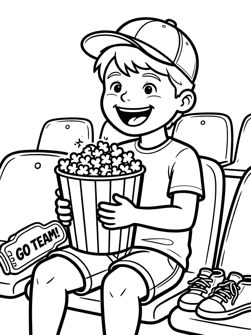 A happy sports fan eating popcorn.