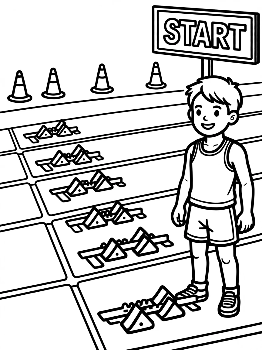 A cheerful track with starting blocks.