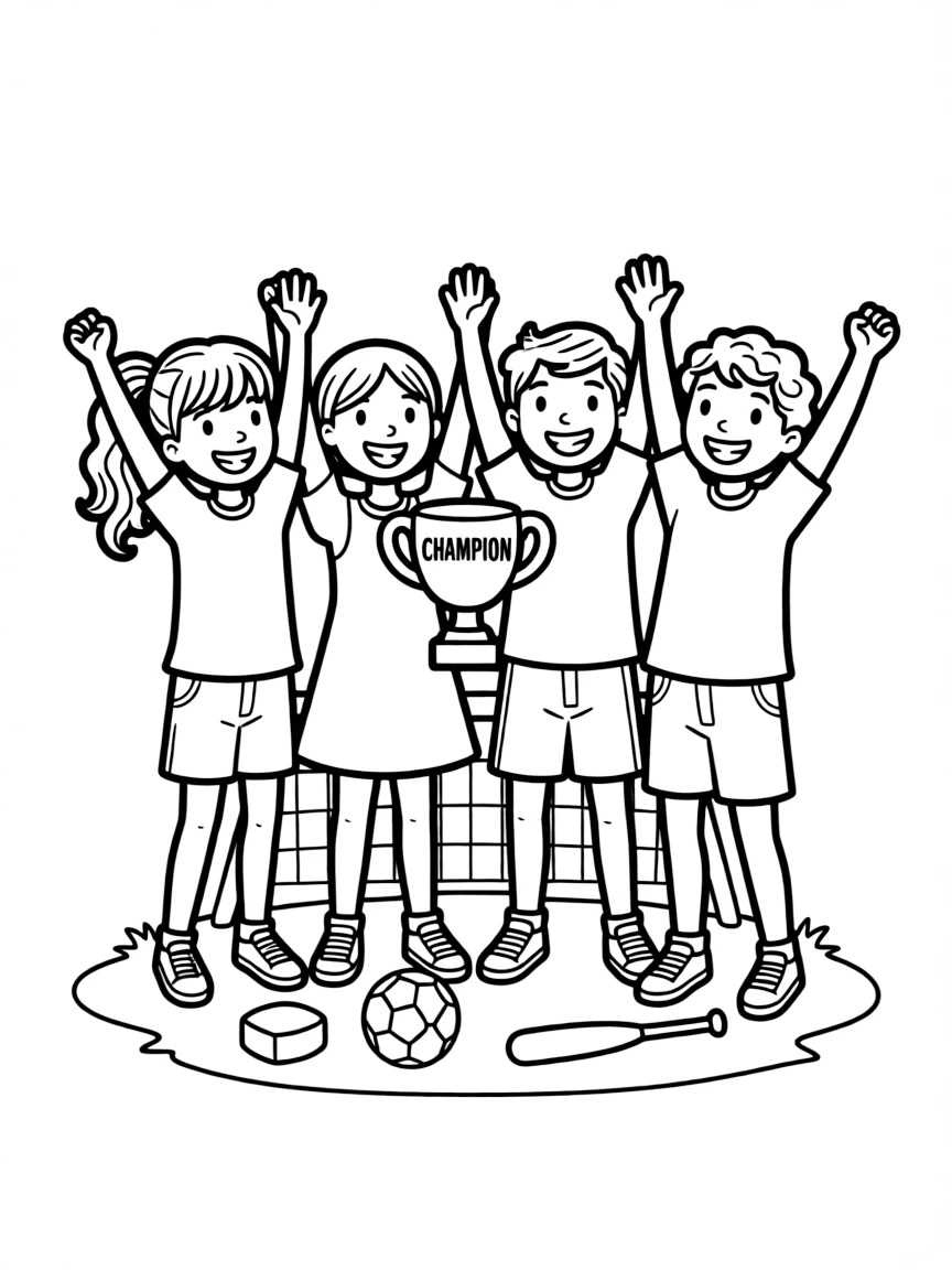 A friendly group of kids celebrating after a game.
