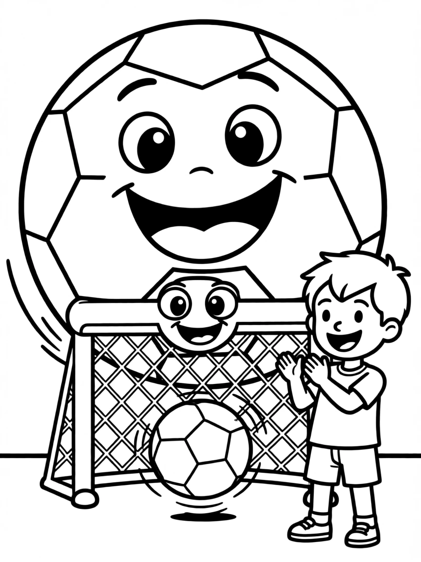 A soccer ball bouncing happily towards a smiling goal.