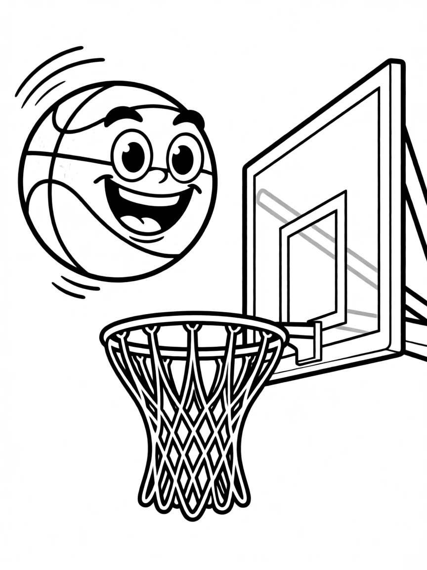 A basketball flying through the air towards a hoop with a happy face.