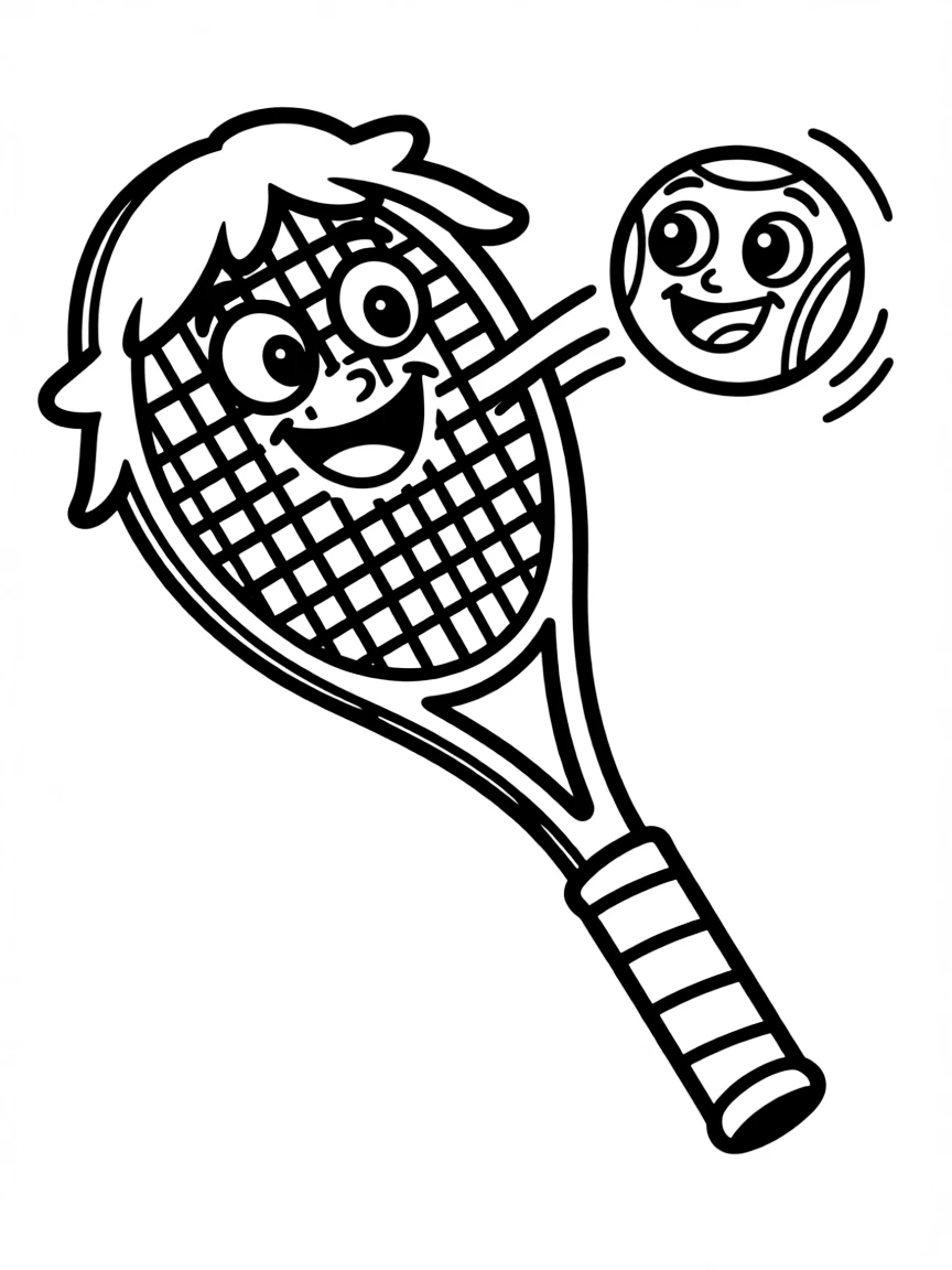 A tennis racket with a happy face, hitting a tennis ball.