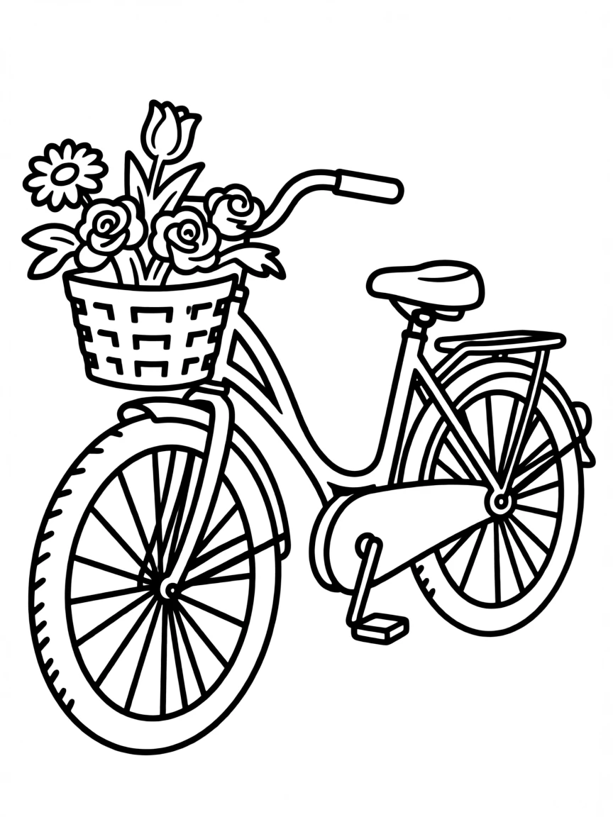 A bicycle with flowers in its basket.