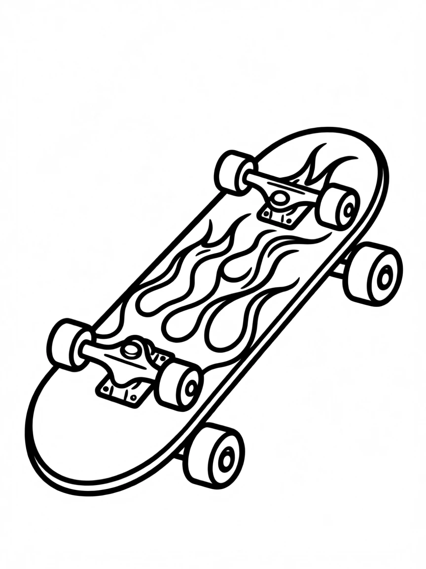 A skateboard with cool flame decals.