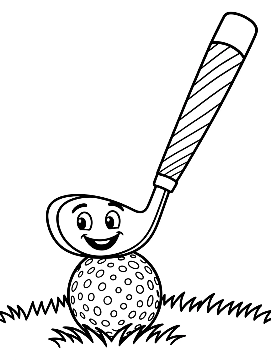 A golf club with a happy face, resting on a golf ball.