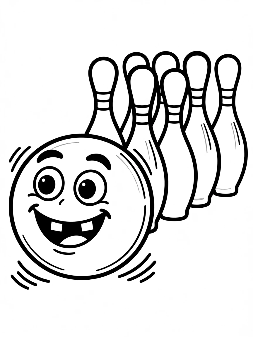 A bowling ball with a friendly smile, heading for pins.