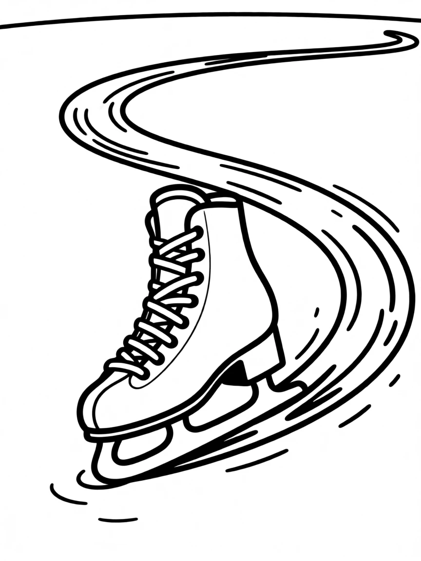 An ice skate leaving a swirly trail on the ice.