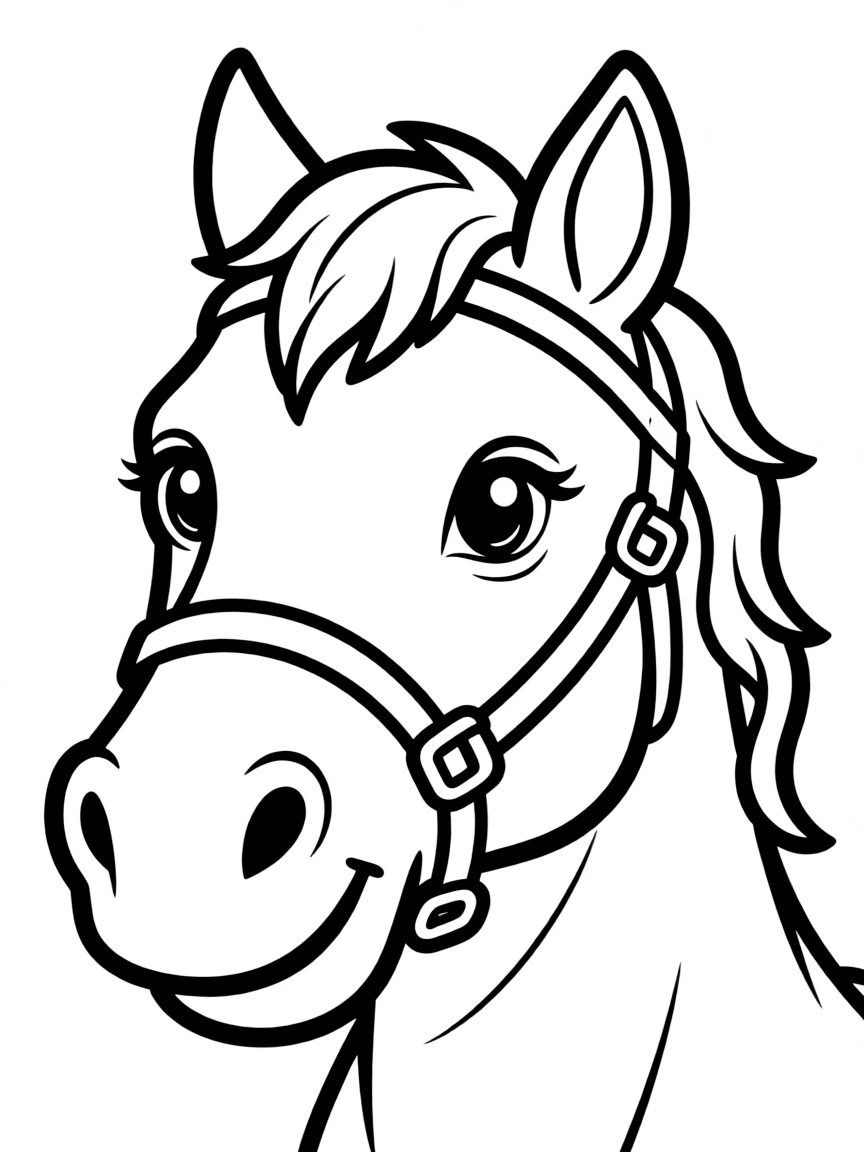 A horse head with a happy bridle.