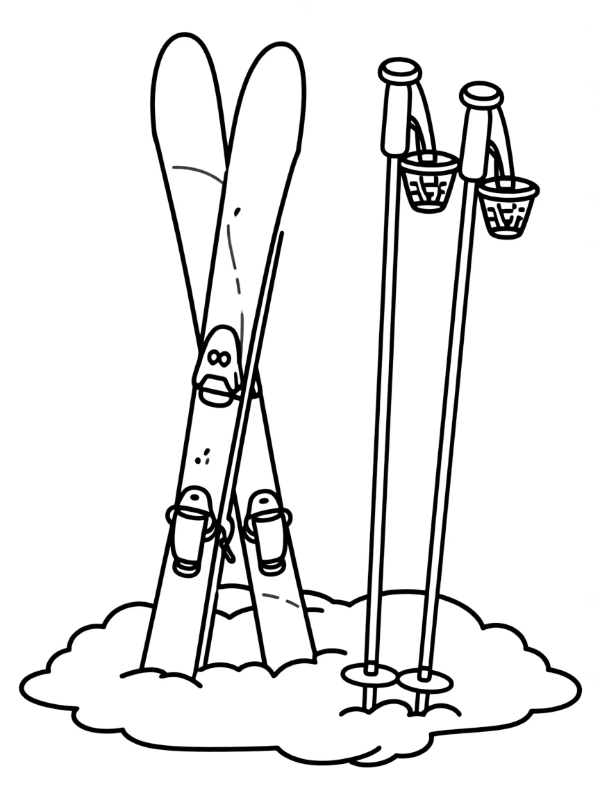 Skis and poles standing in the snow.
