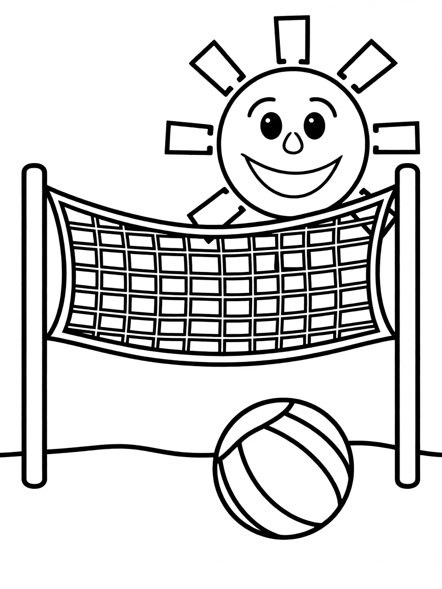A beach volleyball net with a smiling sun.