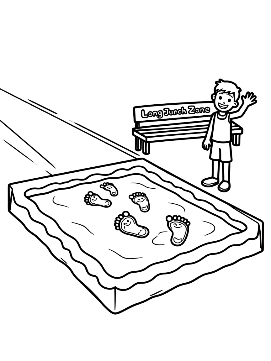 A long jump sand pit with happy footprints.