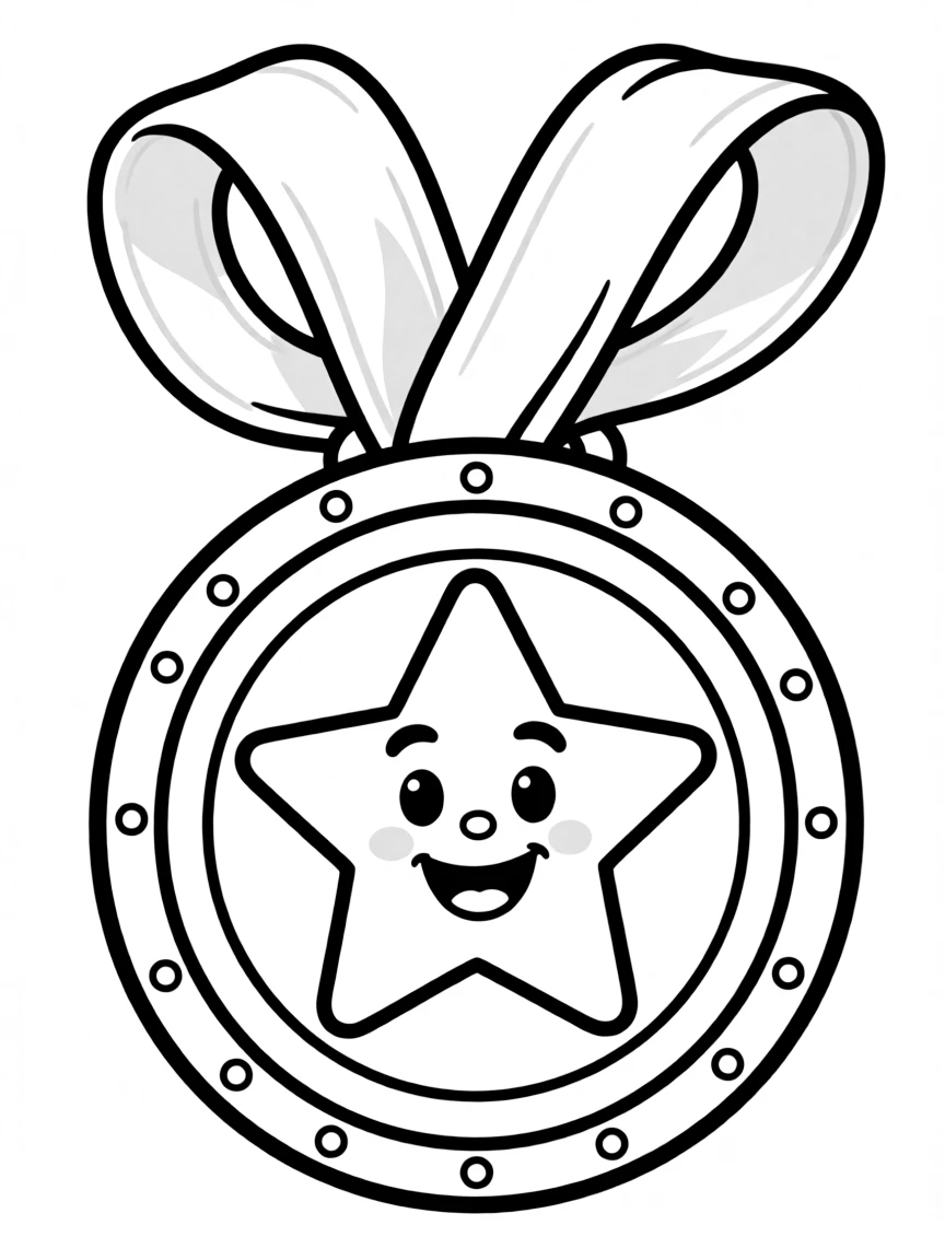 A medal with a happy star.