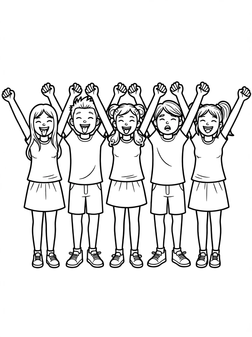A group of happy kids stretching, making funny faces.