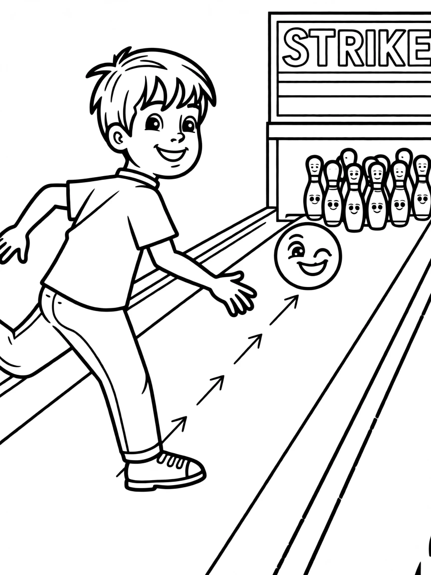 A bowler sending a ball that winks at the pins.