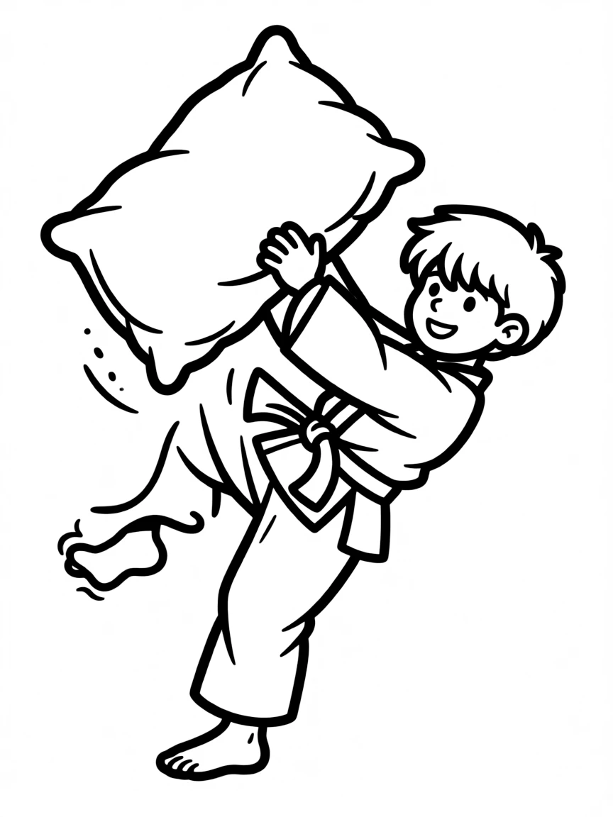 A judo kid gracefully flipping a pillow.