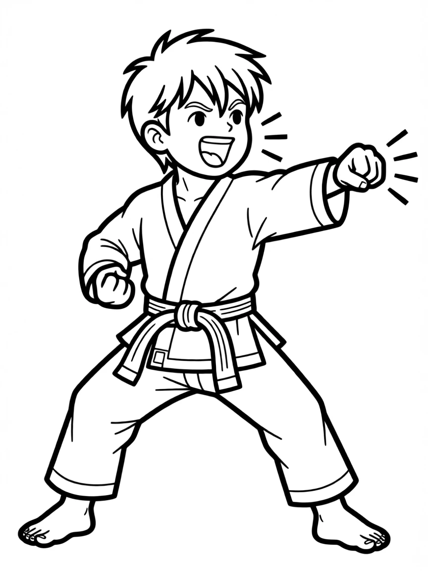 A karate kid doing a super cool pose with a happy roar.