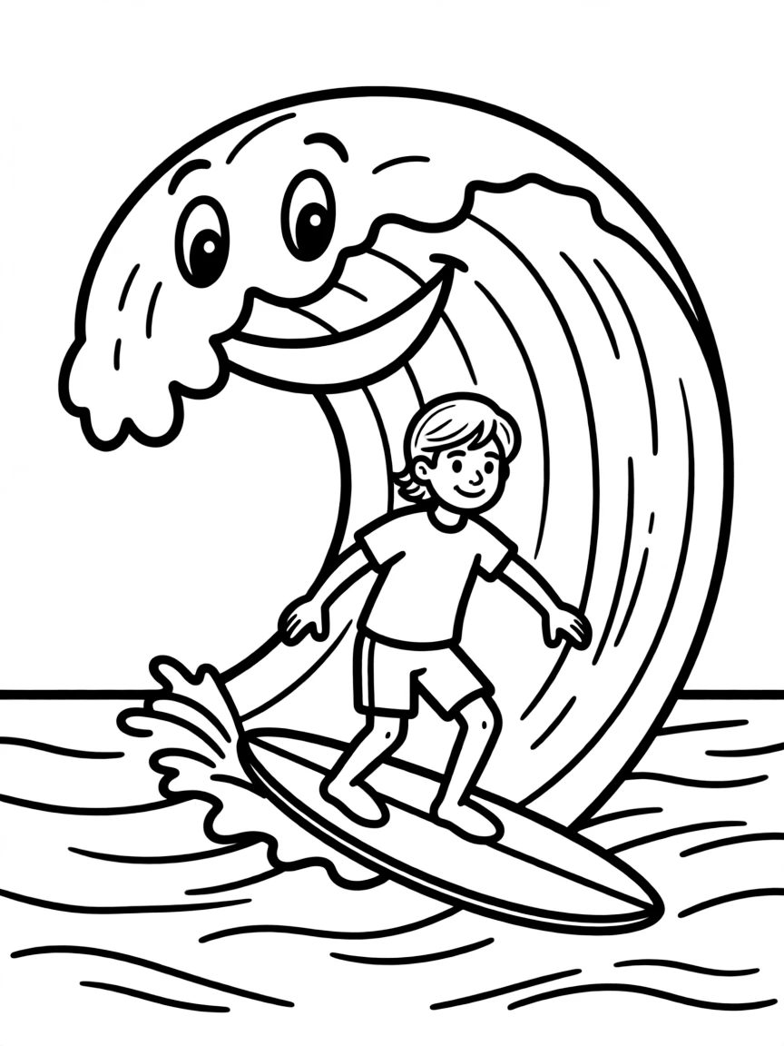 A surfer riding a wave shaped like a smile.