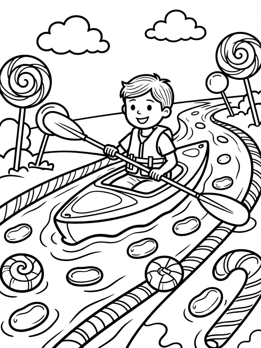A kayaker paddling through a stream of candy.