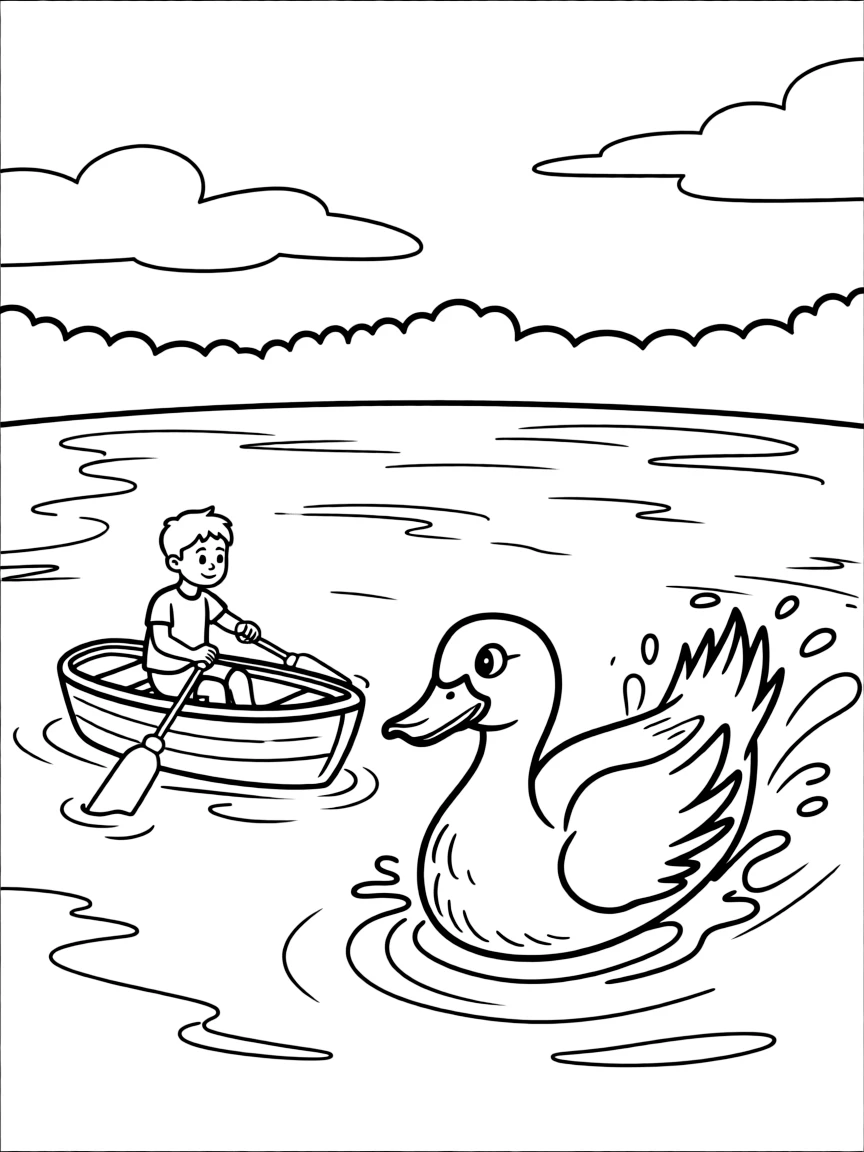 A rower racing a duck in a pond.