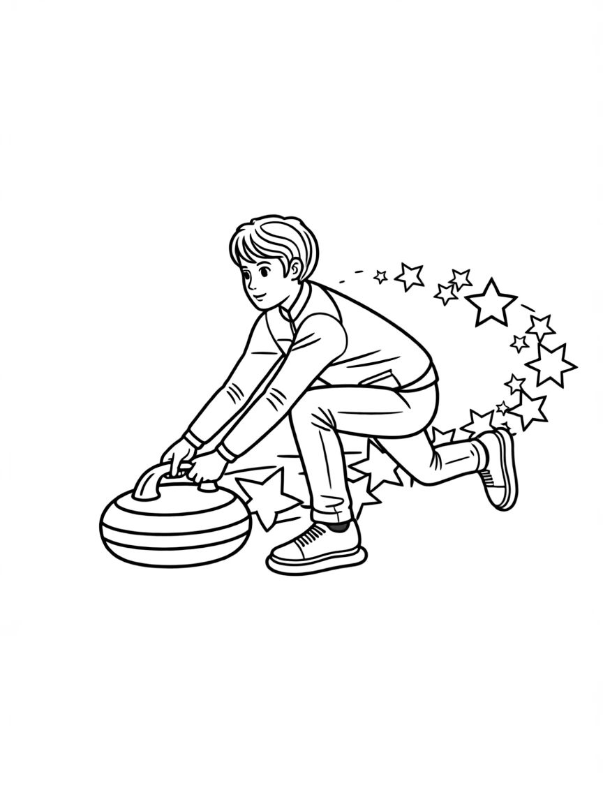 A curler sliding a stone that leaves a trail of stars.