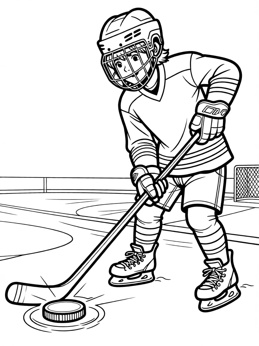 A hockey player with a puck that glows.