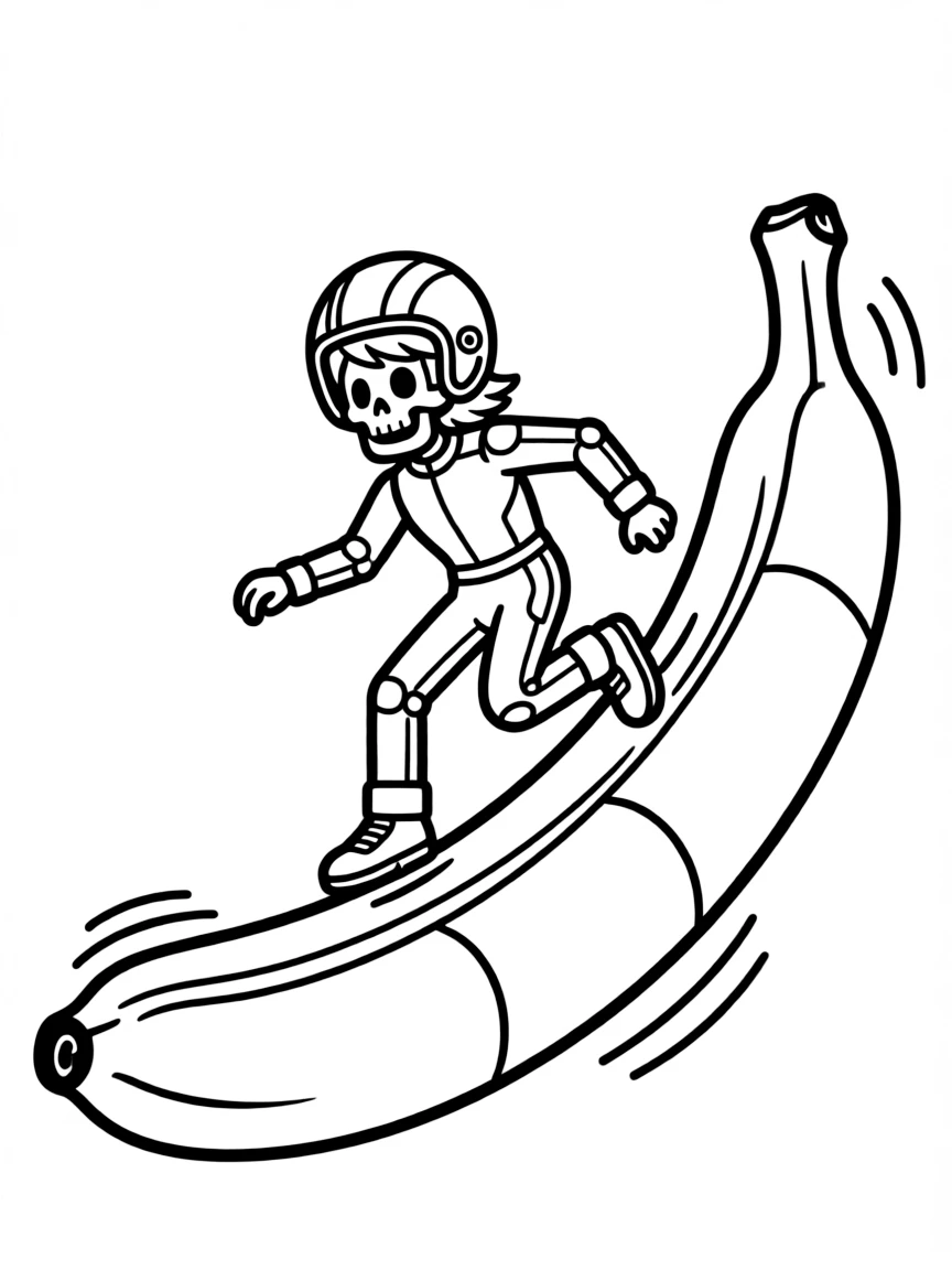 A skeleton racer sliding on a giant banana peel.