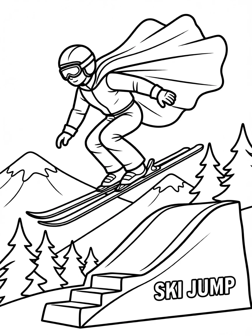 A ski jumper flying with a cape.